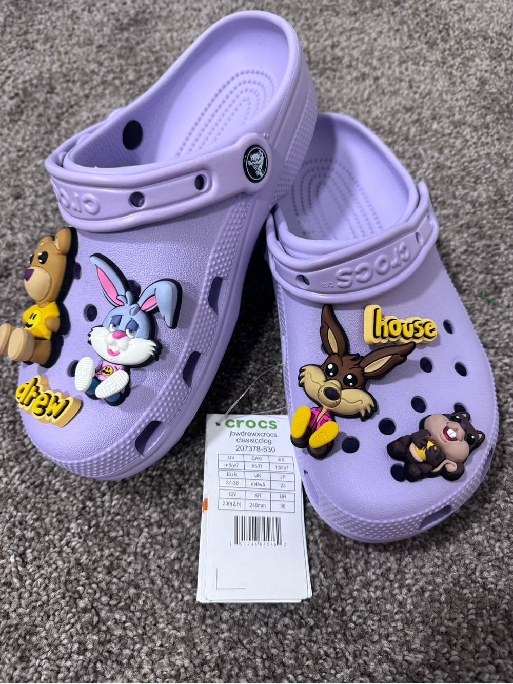 Justin Bieber x Crocs X Drew house lavender classic Crocs- M5/W7 NWT